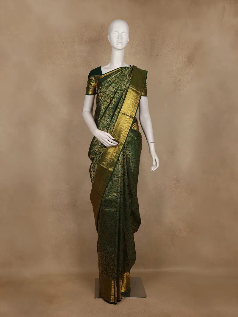 Bottle Green Floral Woven Pure Kanchipuram Silk Saree 1