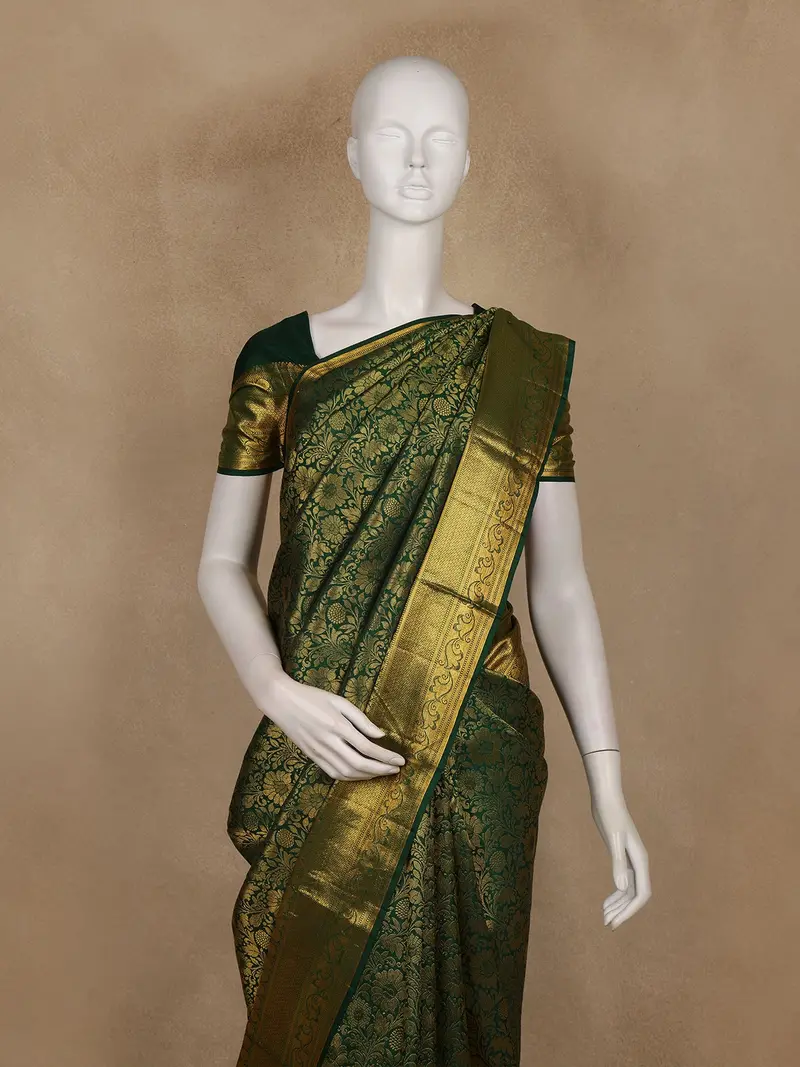 Bottle Green Floral Woven Pure Kanchipuram Silk Saree 2