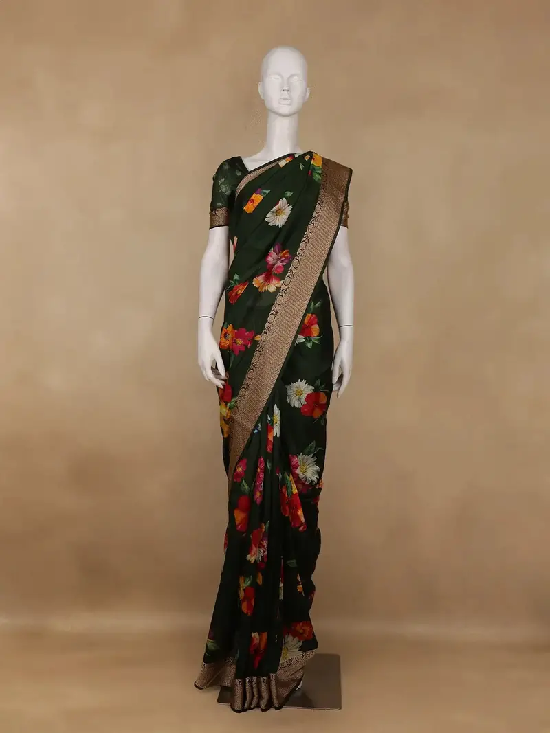 Bottle Green Floral Woven Tussar Silk Saree 1