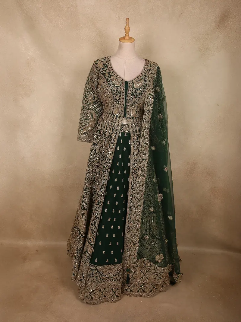 Bottle Green Floral Zari And Sequins Embroidered Design Georgette Mastani Gown With Dupatta 1