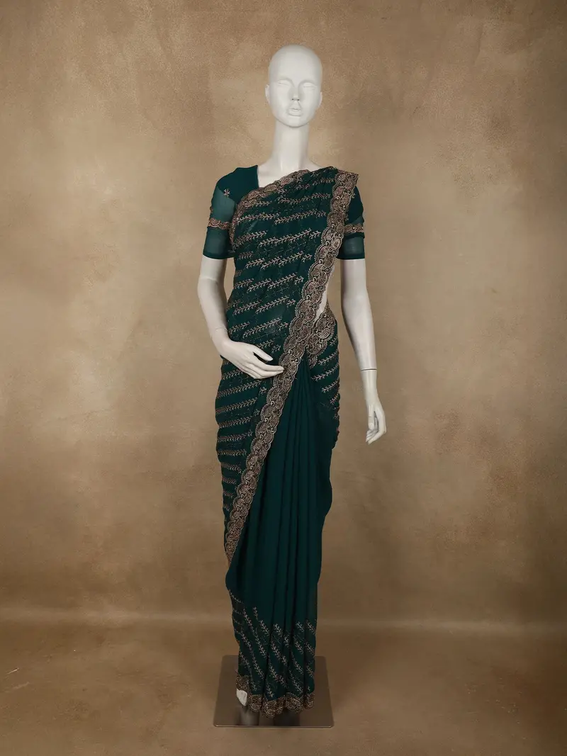 Bottle Green Floral Zari Embroidered And Stone Embellished Design Georgette Saree 1