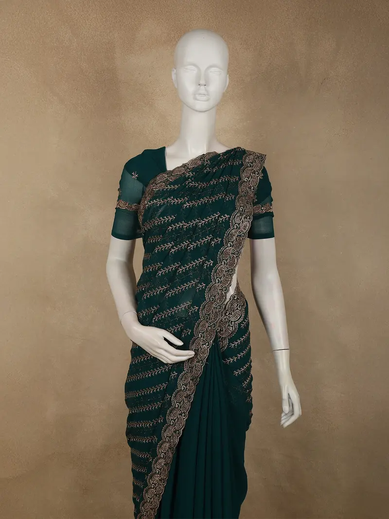 Bottle Green Floral Zari Embroidered And Stone Embellished Design Georgette Saree 2