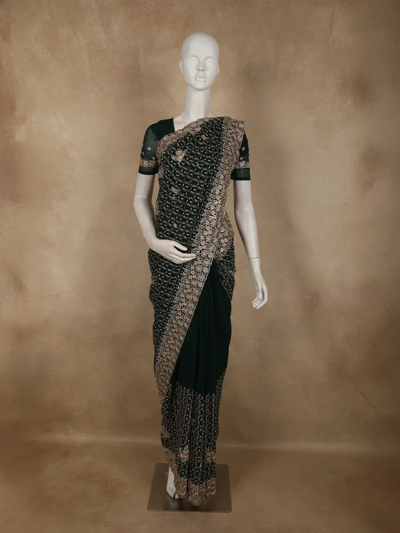 Bottle Green Floral Zari Embroidered Design Georgette Designer Saree 1
