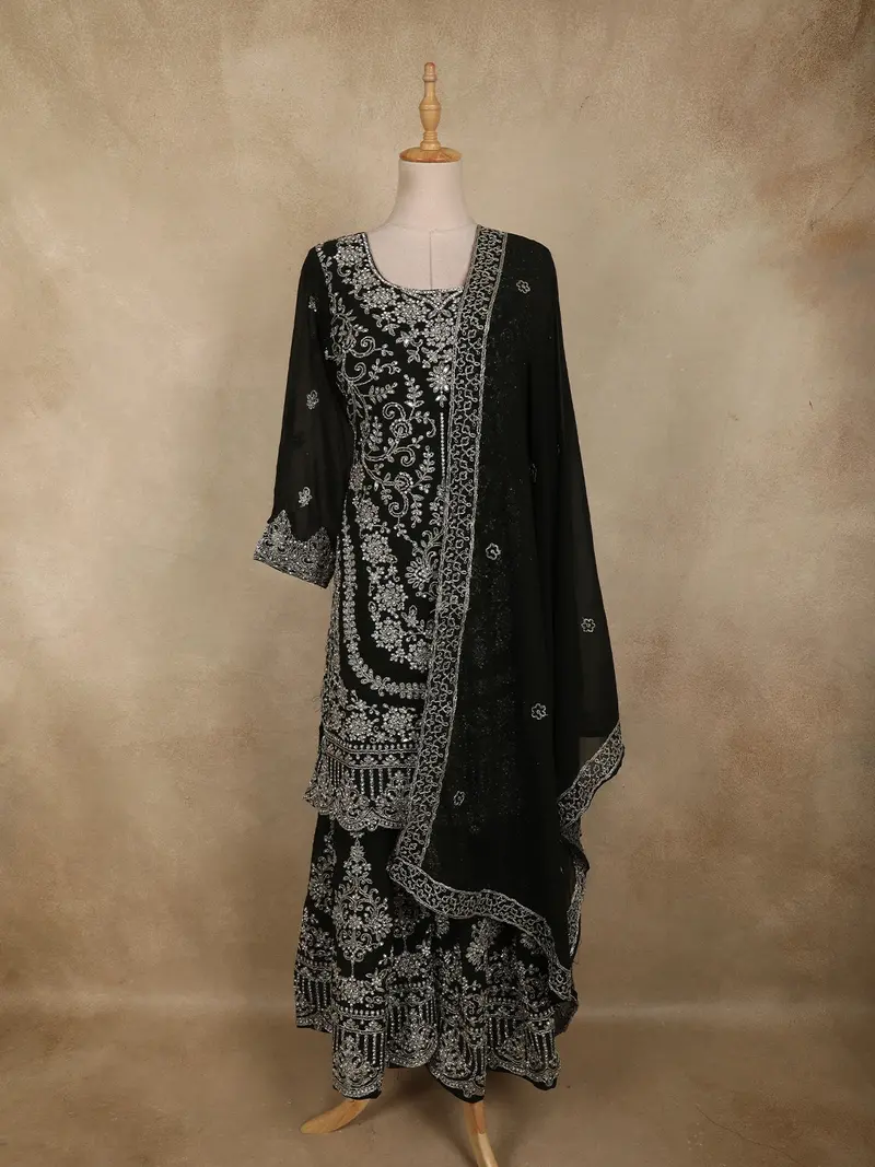Bottle Green Floral Zari Embroidered Design Georgette Palazzo Suit With Dupatta 1