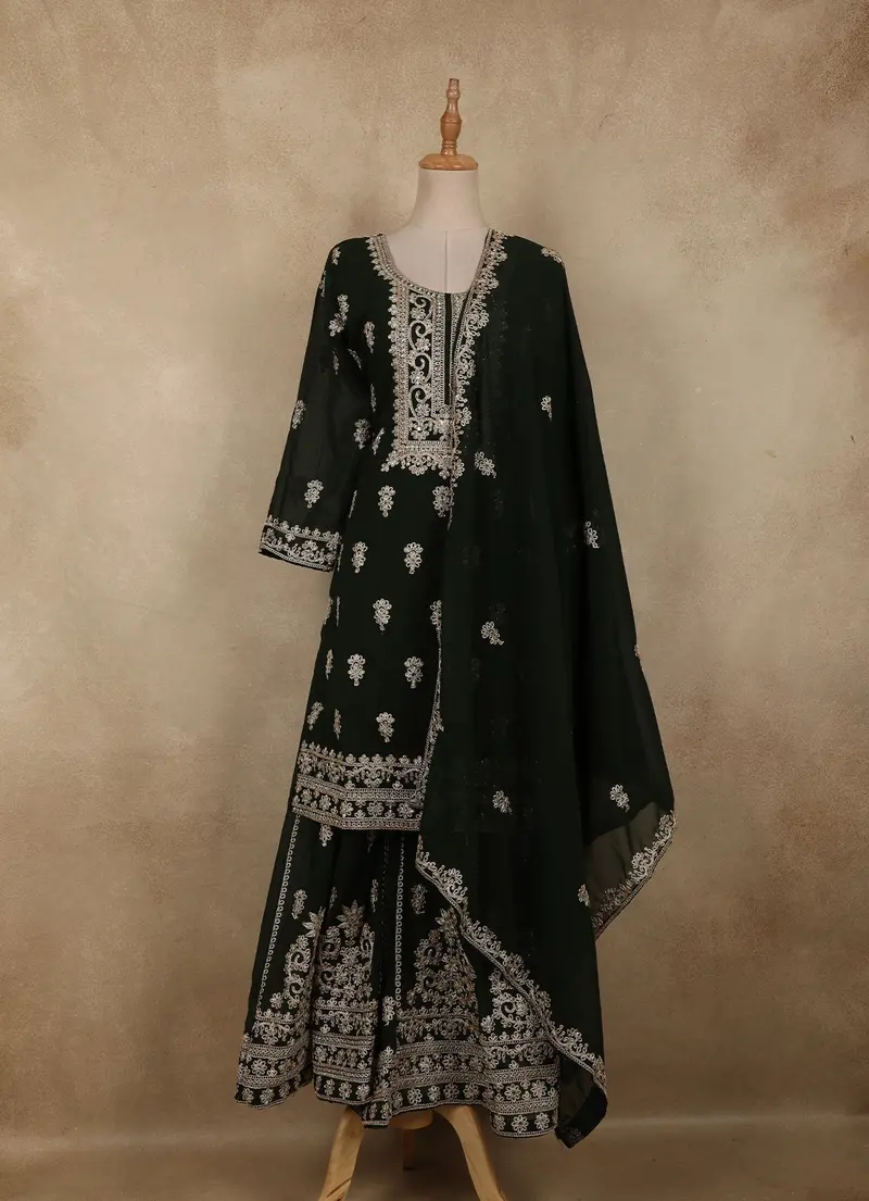 Bottle Green Floral Zari Embroidered Design Georgette Palazzo Suit With Dupatta 1