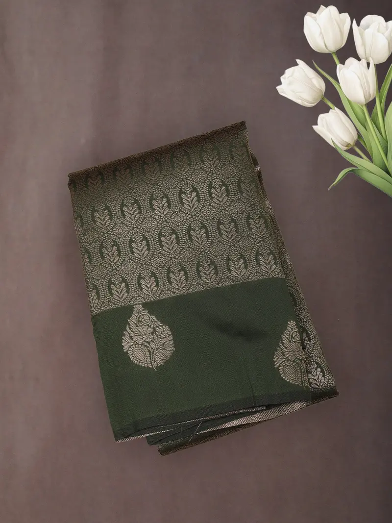 Bottle Green Floral Zari Woven Design Art Silk Saree 1