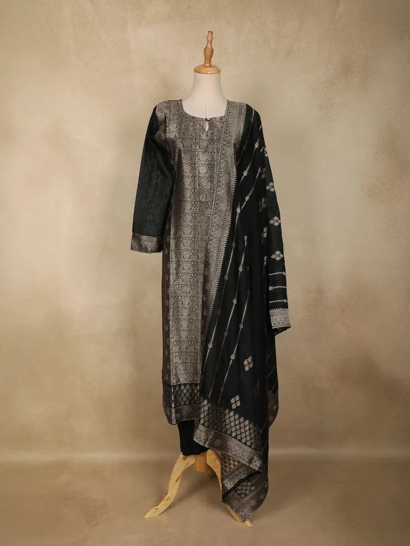 Bottle Green Floral Zari Woven Design Silk Straight Suit With Dupatta 1