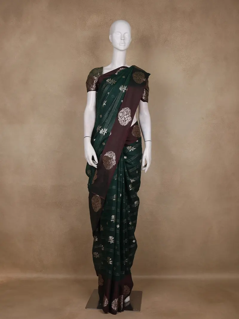 Bottle Green Floral Zari Woven Design Tussar Saree With Contrast Maroon Border 1