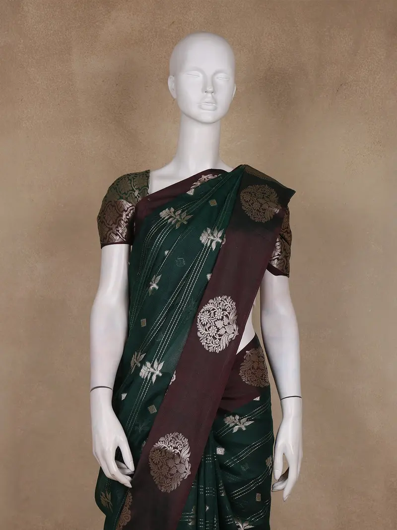 Bottle Green Floral Zari Woven Design Tussar Saree With Contrast Maroon Border 2