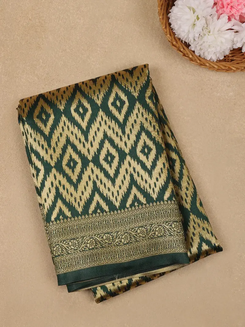 Bottle Green Geometric Ikat Design Silk Saree 1