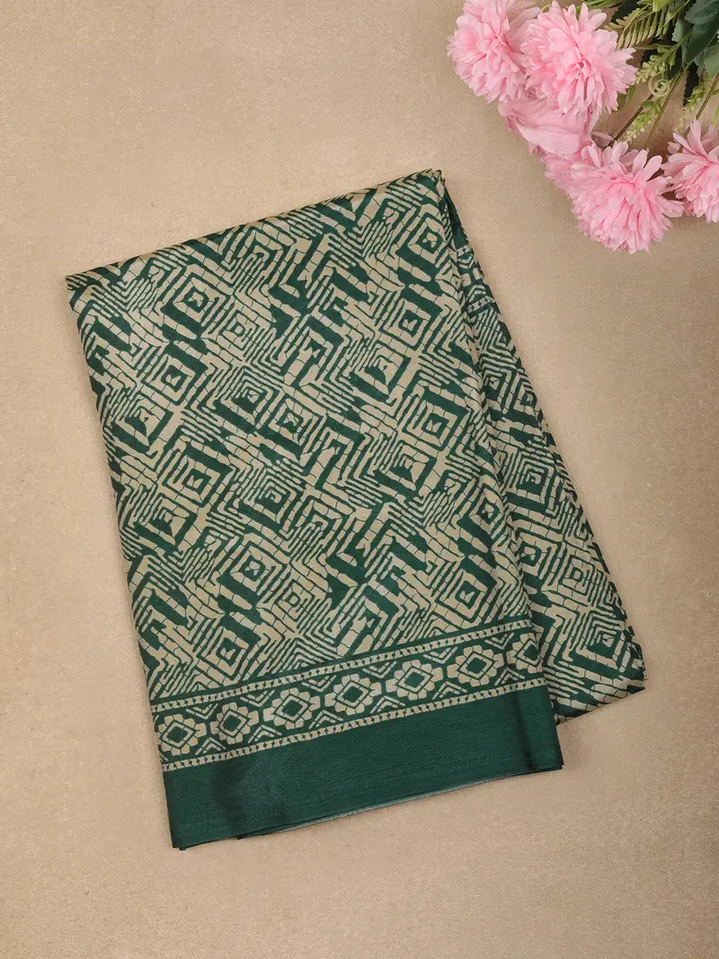 Bottle Green Geometric Printed Design Mixed Cotton Fancy Saree 1