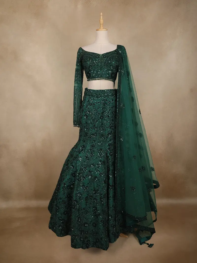 Bottle Green Heavy Sequins And Beads Embroidered Design Mermaid Net Lehenga With Dupatta 1
