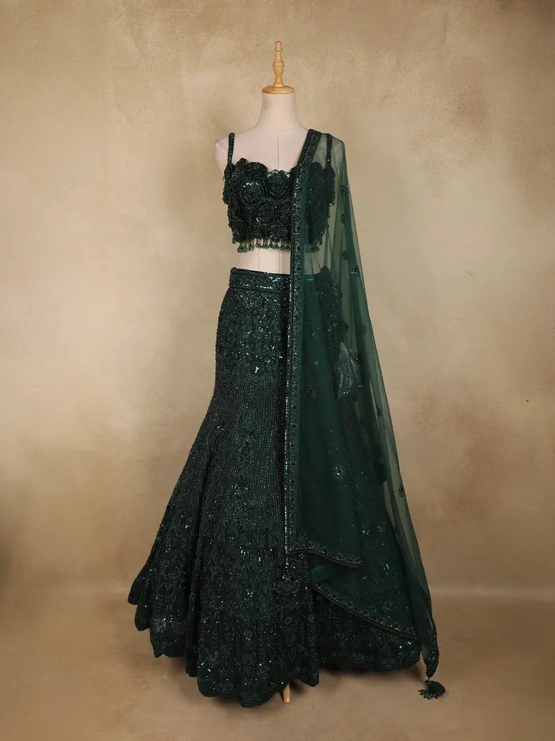 Bottle Green Heavy Sequins And Beads Embroidered Design Net Mermaid Lehenga With Dupatta 1