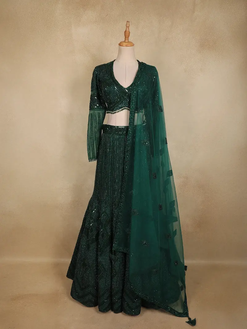 Bottle Green  Heavy Sequins And Beads Embroidered Design Net Mermaid Lehenga With Dupatta 1
