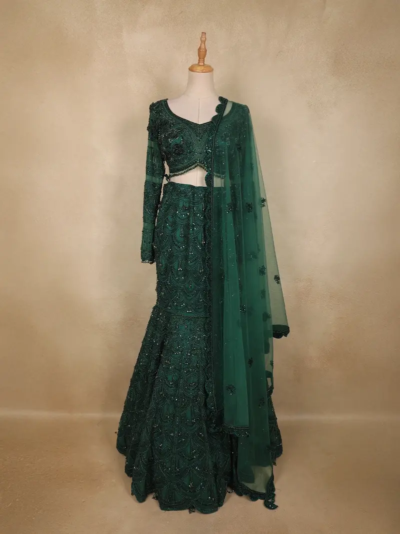 Bottle Green  Heavy Sequins And Beads Embroidered Design Net Mermaid Lehenga With Dupatta 1