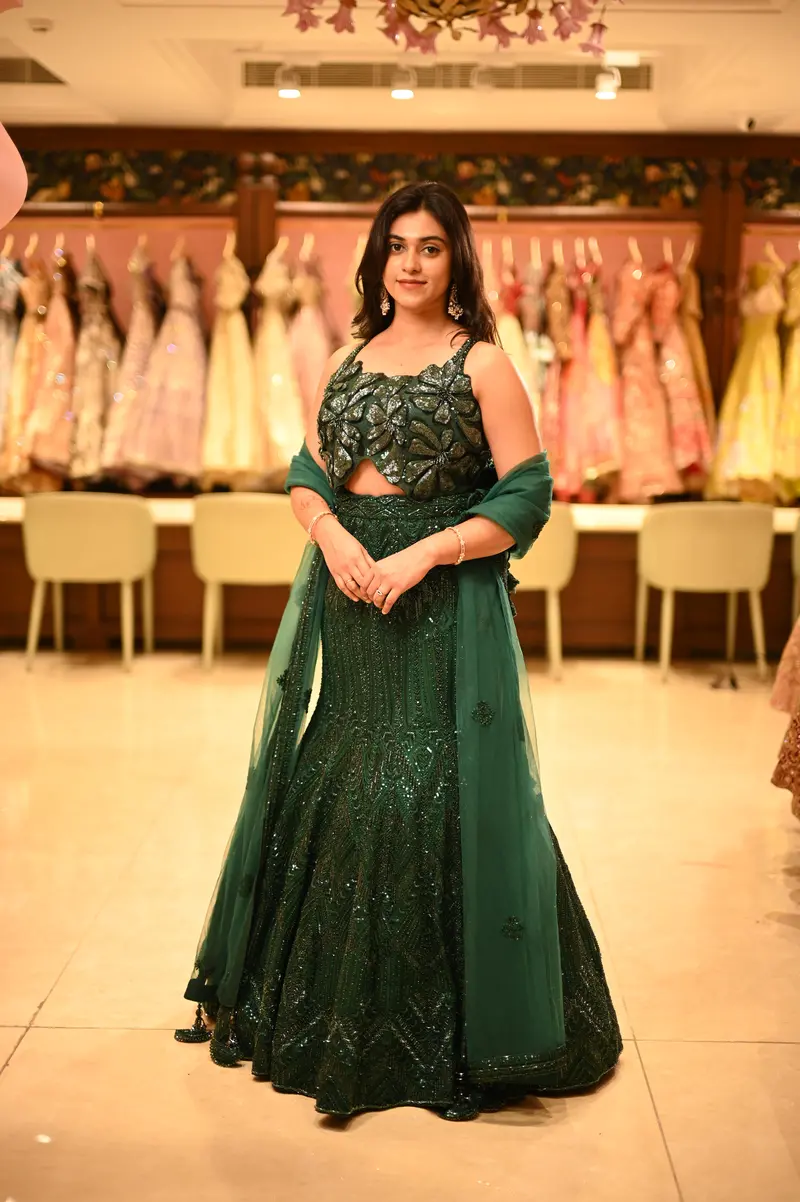 Bottle Green Heavy Sequins And Beads Embroidered Design Net Mermaid Lehenga With Dupatta 1
