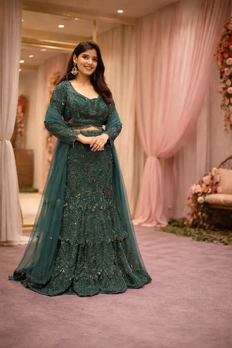 Bottle Green  Heavy Sequins And Beads Embroidered Design Net Mermaid Lehenga With Dupatta 1