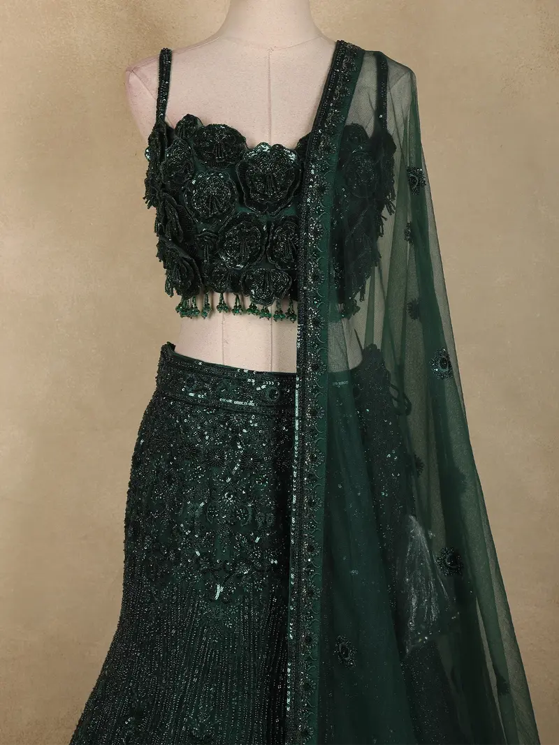 Bottle Green Heavy Sequins And Beads Embroidered Design Net Mermaid Lehenga With Dupatta 2