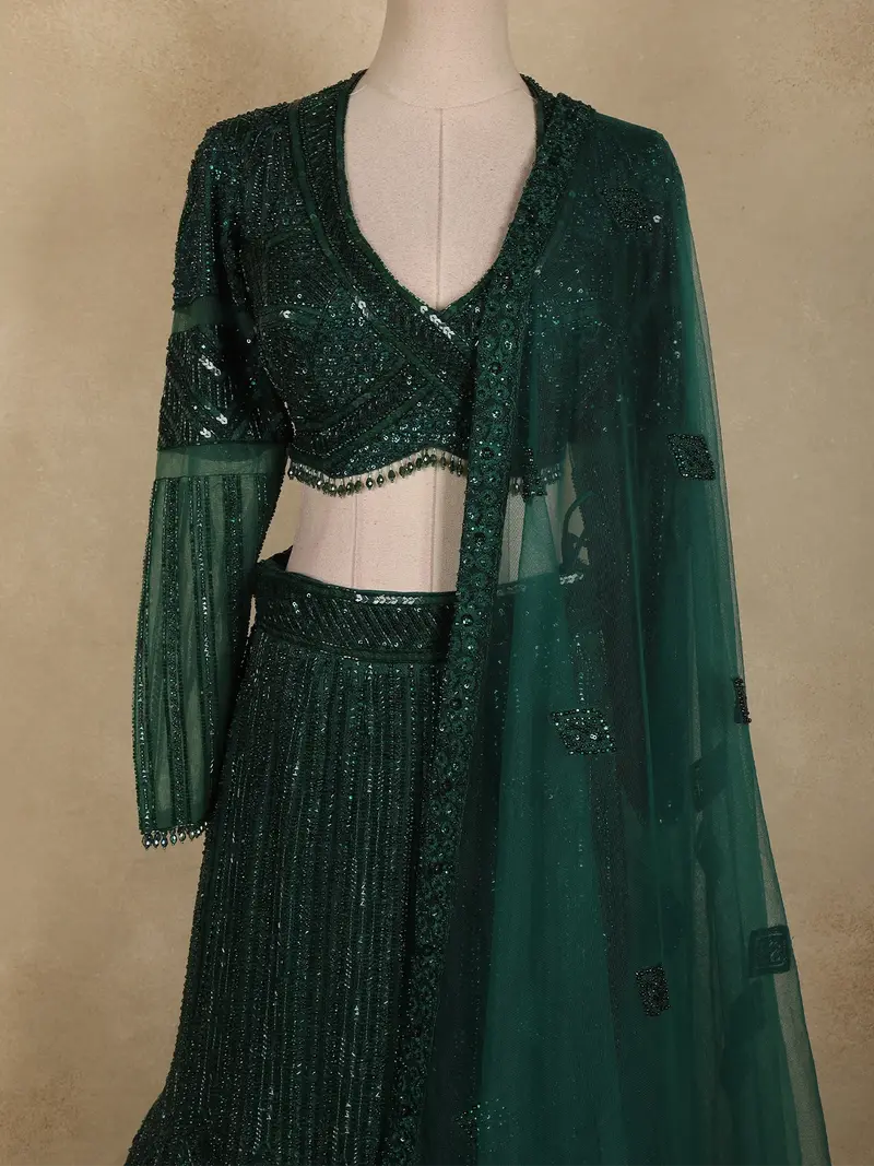 Bottle Green Heavy Sequins And Beads Embroidered Design Net Mermaid Lehenga With Dupatta 2