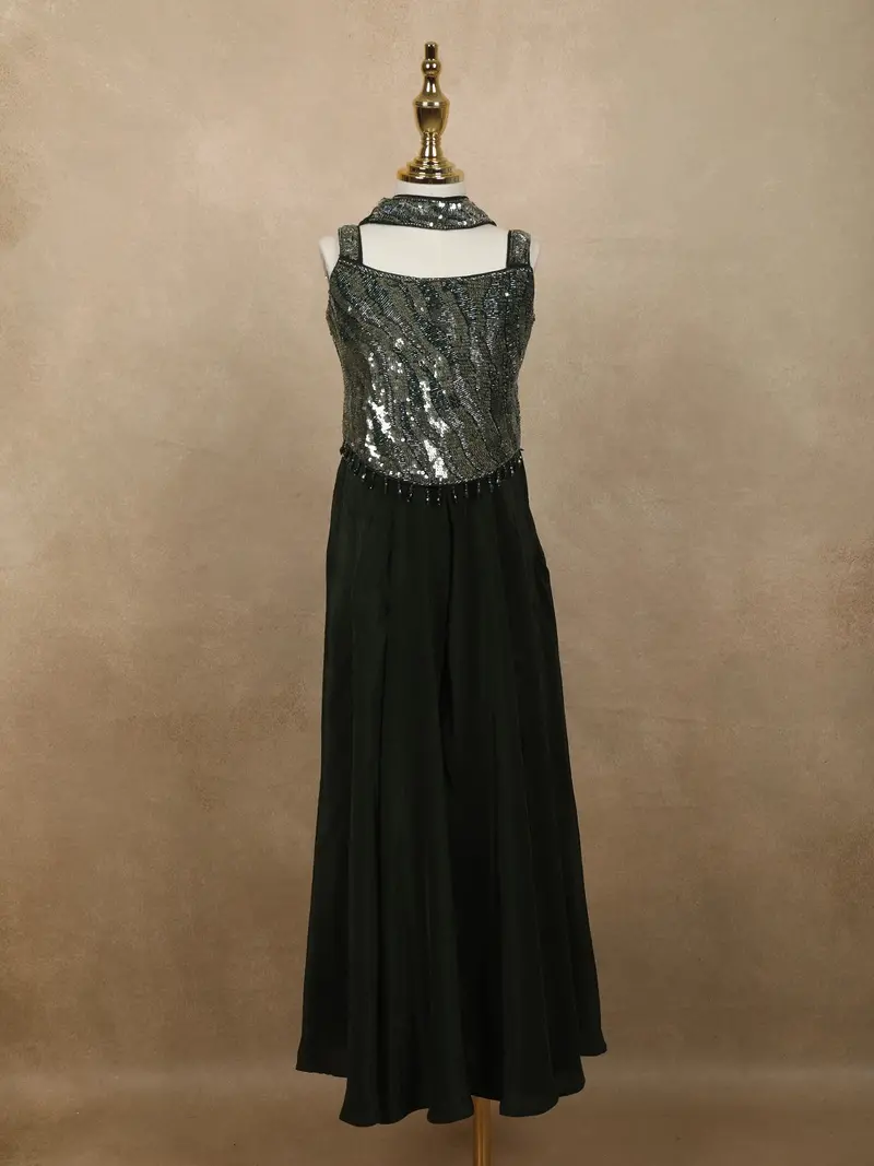 Bottle Green Heavy Sequins And Beads Embroidered Design Satin Kids Palazzo Suit With Choker  Dupatta 1