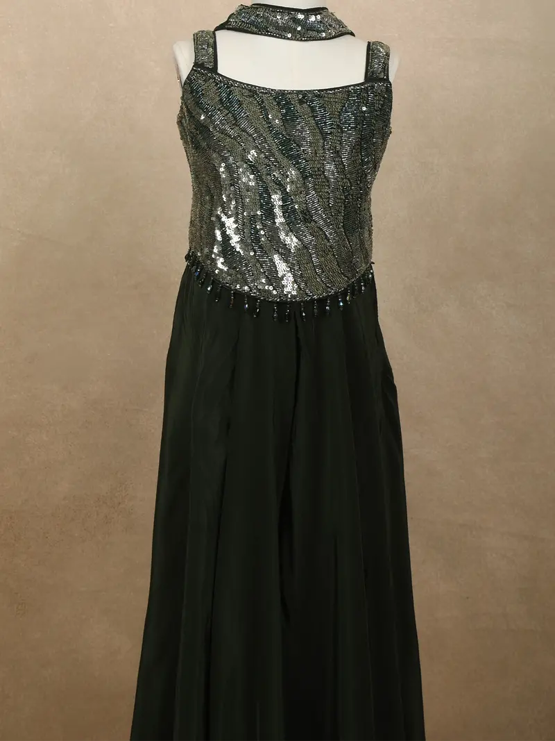 Bottle Green Heavy Sequins And Beads Embroidered Design Satin Kids Palazzo Suit With Choker Dupatta 2