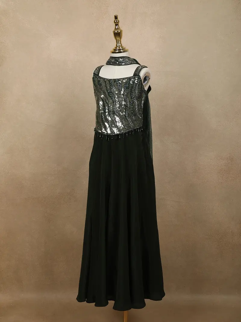 Bottle Green Heavy Sequins And Beads Embroidered Design Satin Kids Palazzo Suit With Choker Dupatta 3