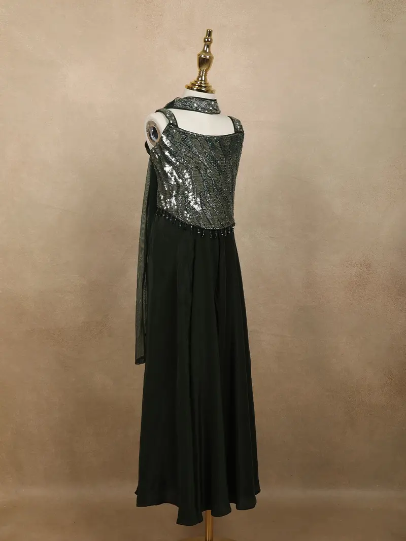 Bottle Green Heavy Sequins And Beads Embroidered Design Satin Kids Palazzo Suit With Choker Dupatta 4