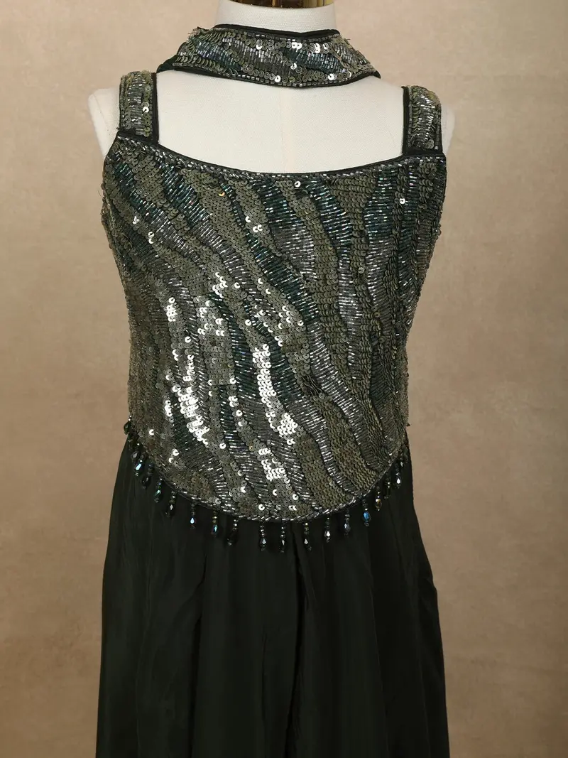 Bottle Green Heavy Sequins And Beads Embroidered Design Satin Kids Palazzo Suit With Choker Dupatta 5