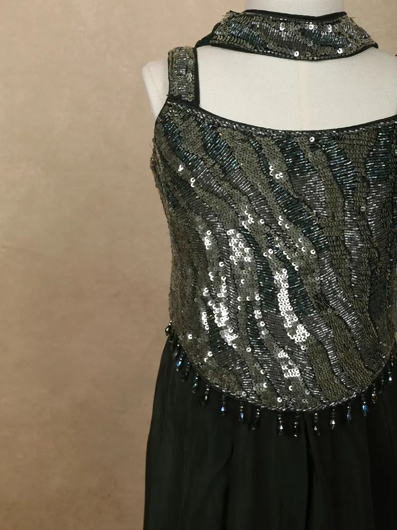 Bottle Green Heavy Sequins And Beads Embroidered Design Satin Kids Palazzo Suit With Choker Dupatta 6