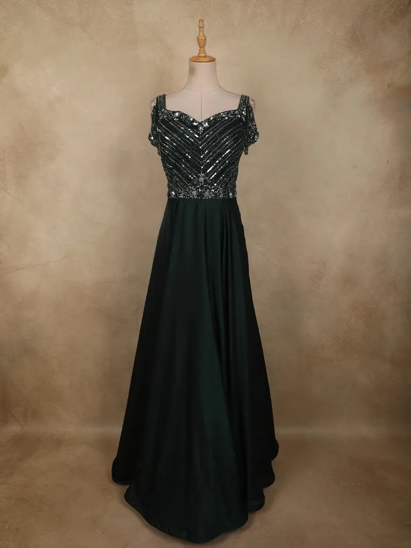 Bottle Green Heavy Sequins Embroidered Design Satin Partywear Gown 1