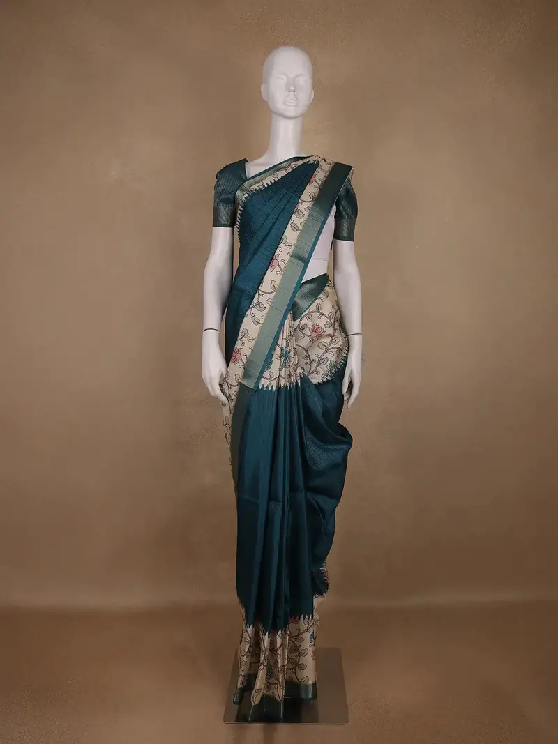 Bottle Green Kalamkari Design Floral Printed Cotton Saree 1