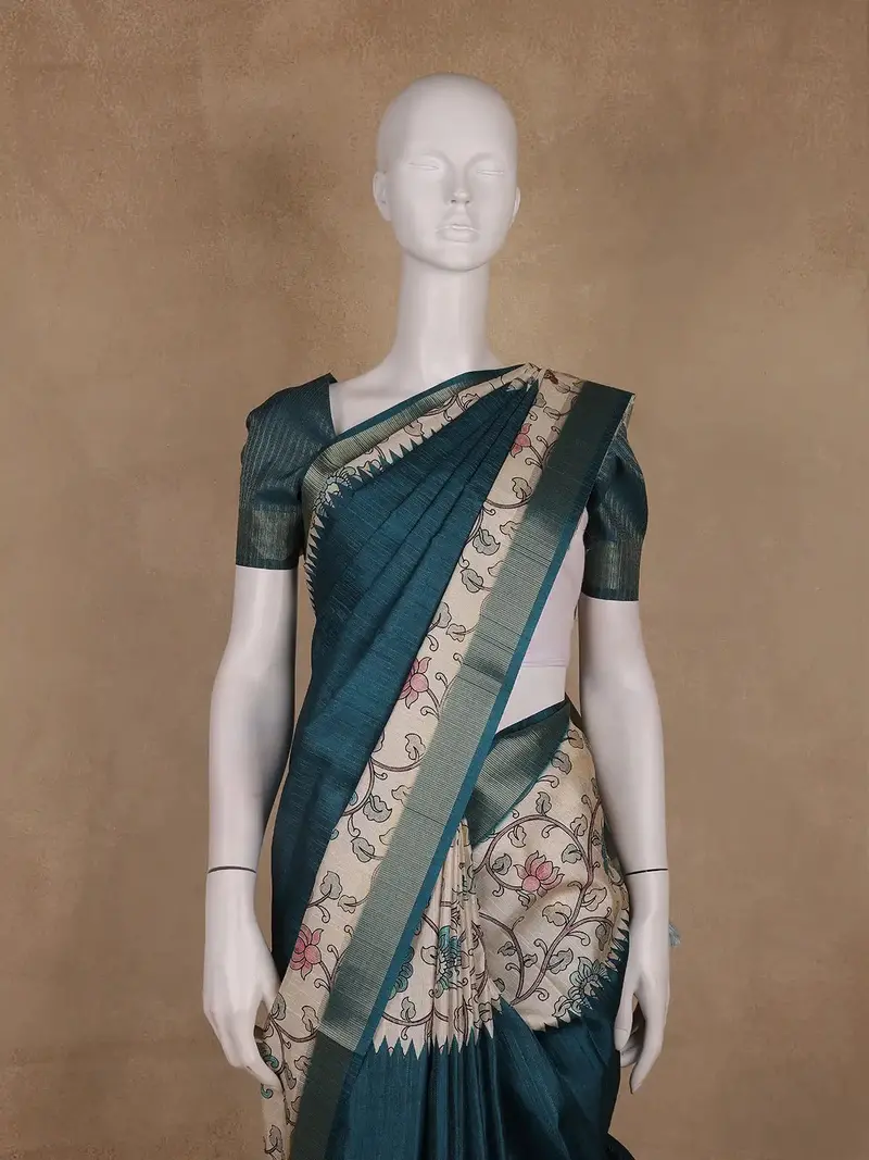 Bottle Green Kalamkari Design Floral Printed Cotton Saree 2