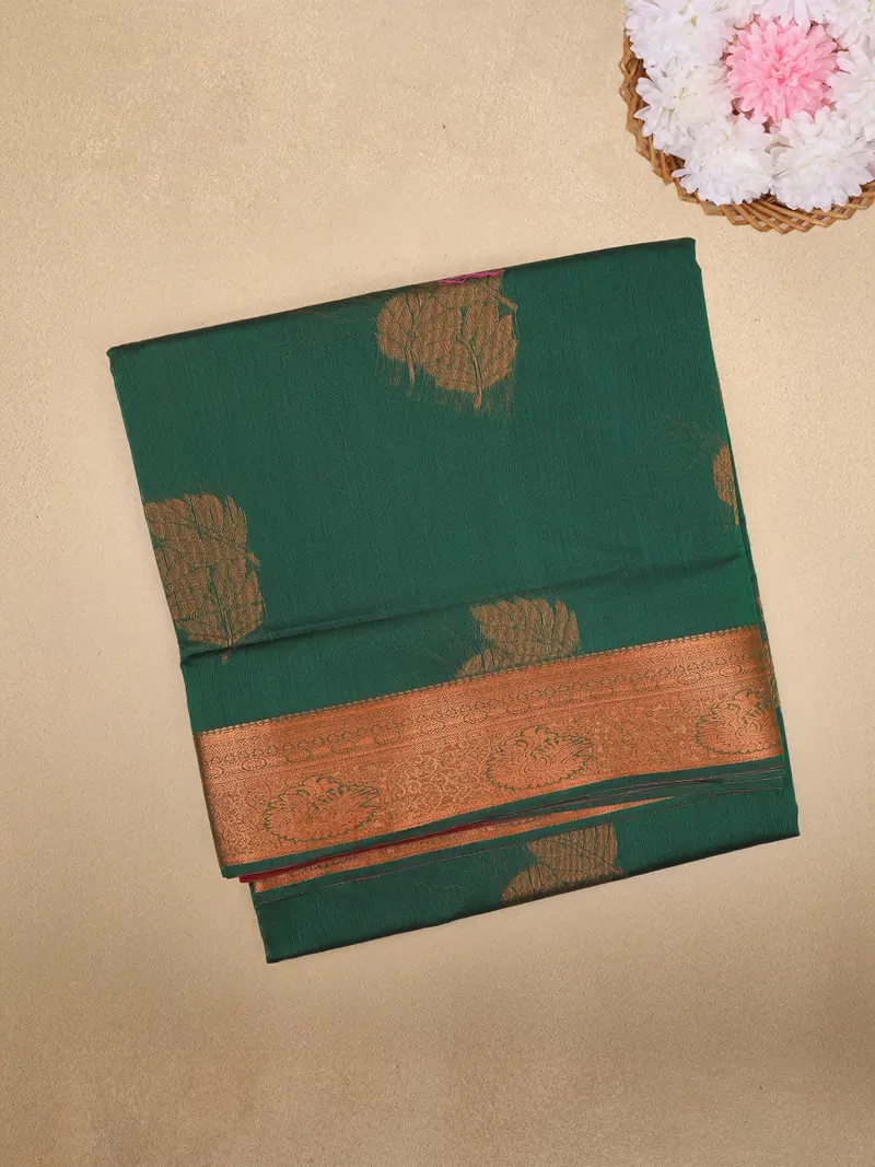 Bottle Green Leaf Butta Woven Silk Cotton Saree With Zari Border 1