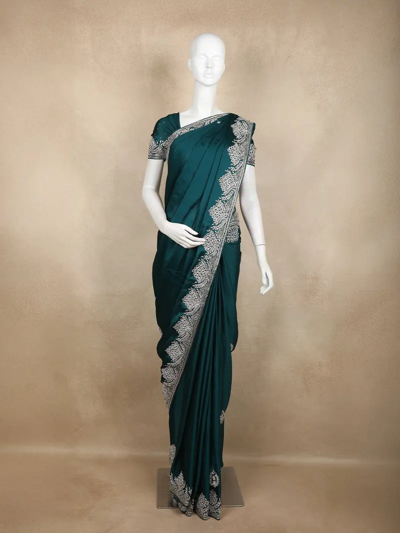 Bottle Green Leaf Designed Satin Saree 1
