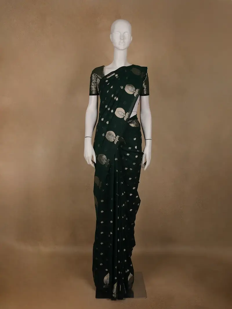 Bottle Green Leaf Motif Woven Banarasi Silk Saree 1