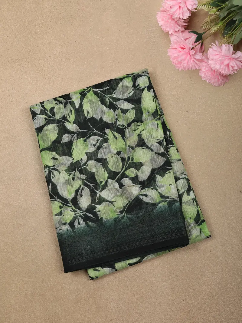 Bottle Green Leaf Printed Design Linen Cotton Casual Wear Saree 1