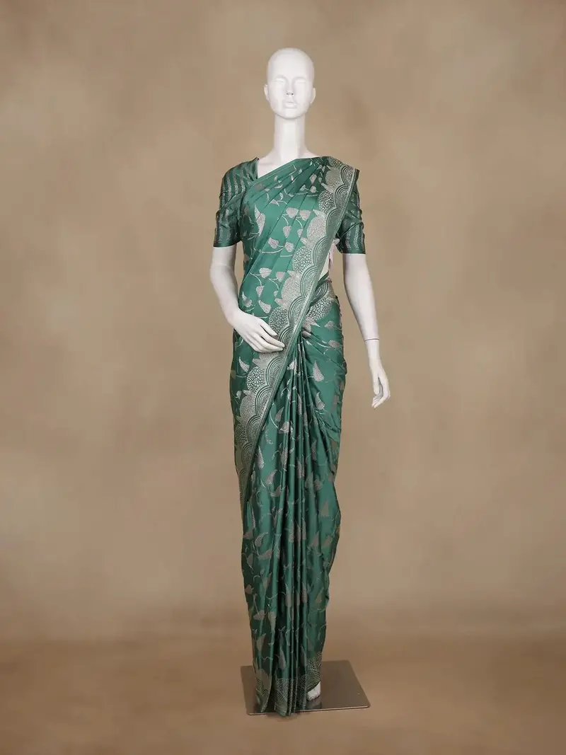 Bottle Green Leaf Woven Banarasi Silk Saree 1
