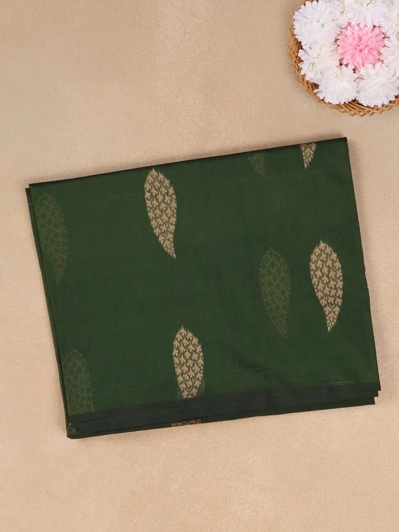 Bottle Green Leaf Woven Design Cotton Saree With Self Border 1