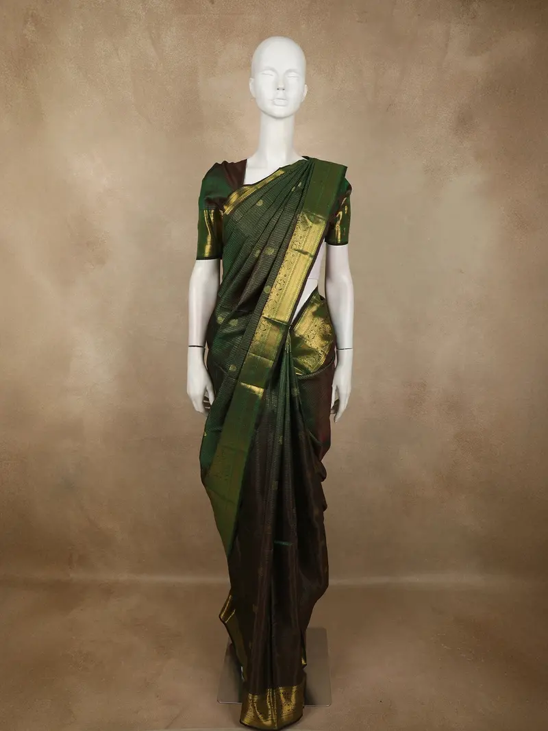 Bottle Green Mini Checked And Butta Zari Woven Design Pure Kanchipuram Silk Saree With Zari Border 1