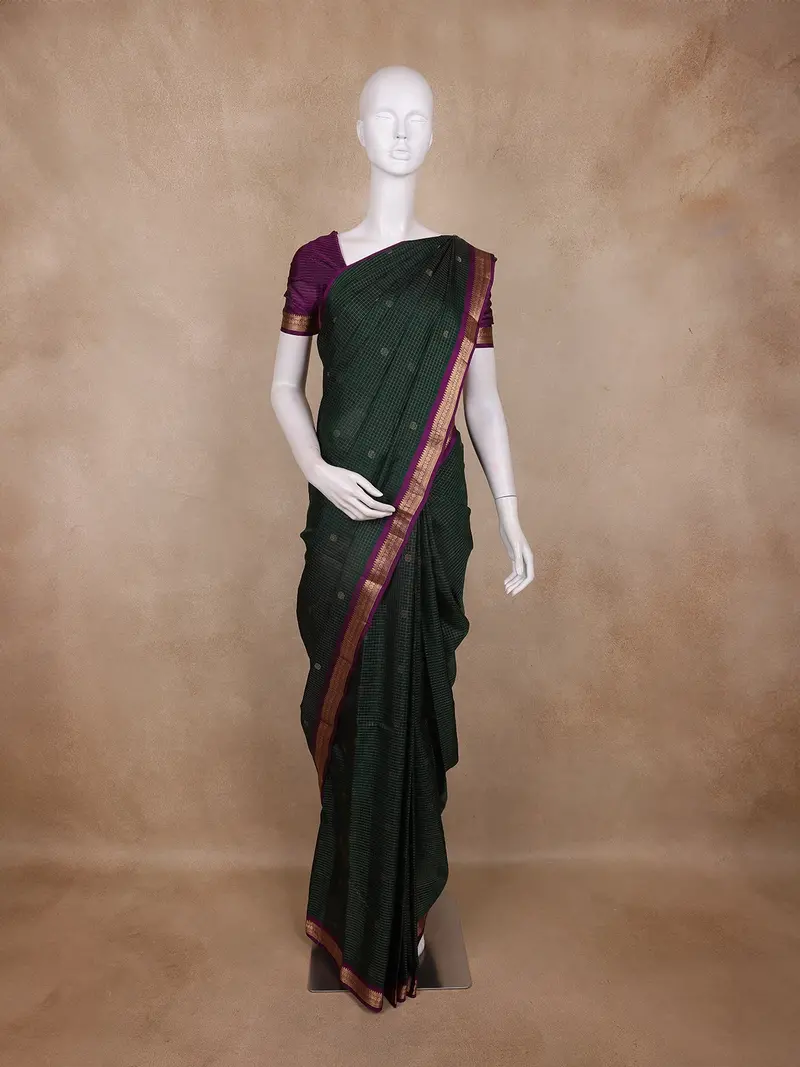 Bottle Green Mini Checks With Floral Woven Design Pure Kanchipuram Silk Saree With Contrast Purple Border 1