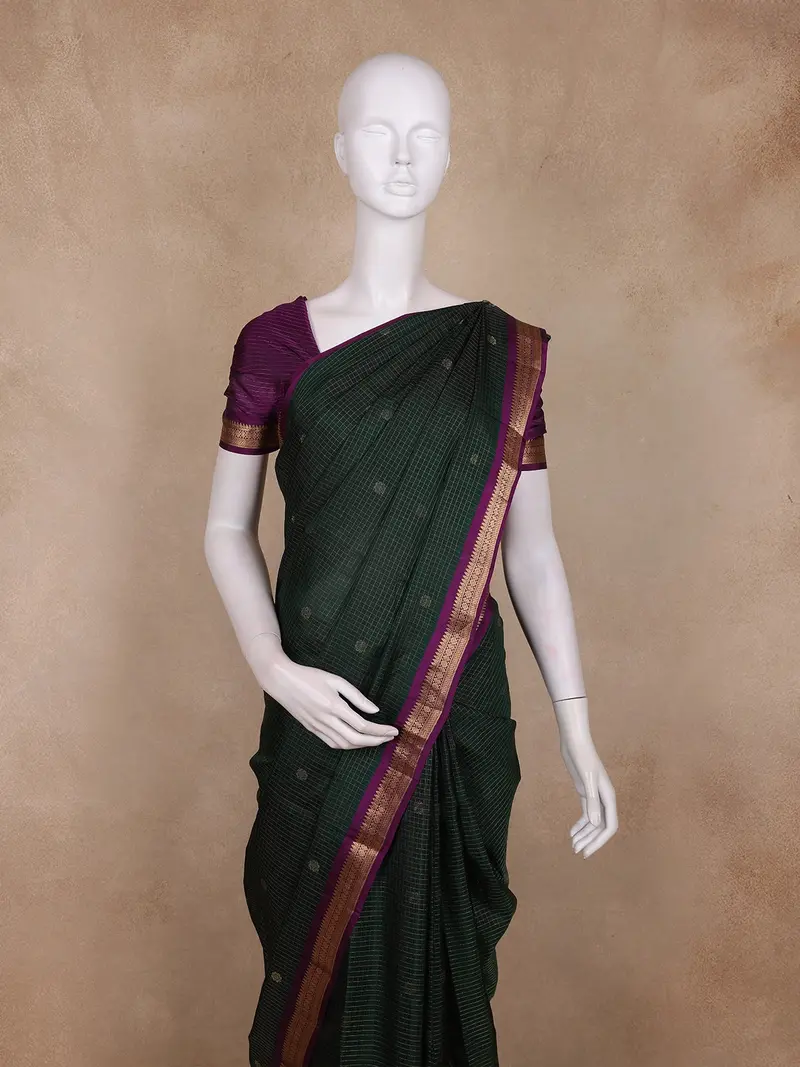 Bottle Green Mini Checks With Floral Woven Design Pure Kanchipuram Silk Saree With Contrast Purple Border 2