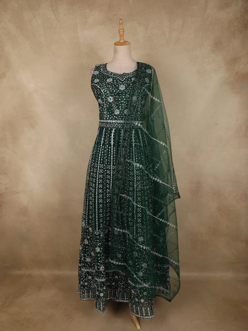Bottle Green Mirror And Zari Embroidered Design Net Gown With Dupatta 1