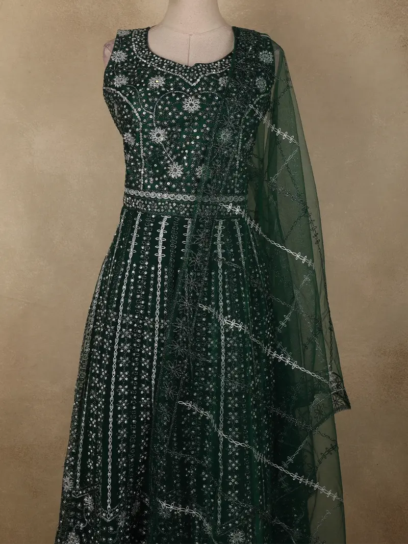 Bottle Green Mirror And Zari Embroidered Design Net Gown With Dupatta 2