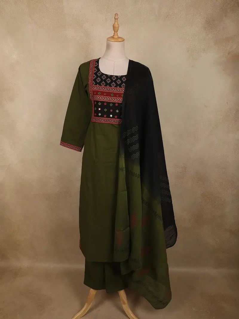 Bottle Green Mirror Embroidered Design Cotton Salwar Suit With Dupatta 1