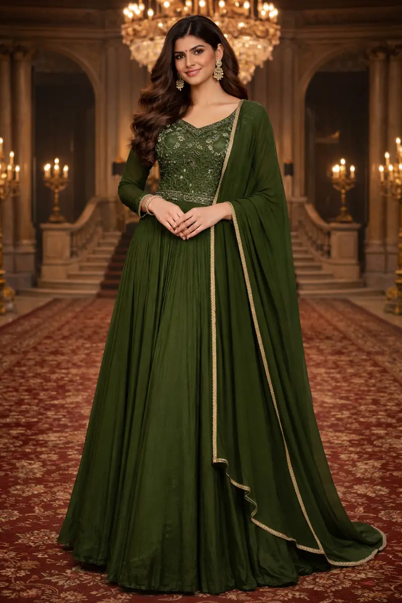 Bottle Green Mirror Work And Floral Embroidery Crepe Gown 1