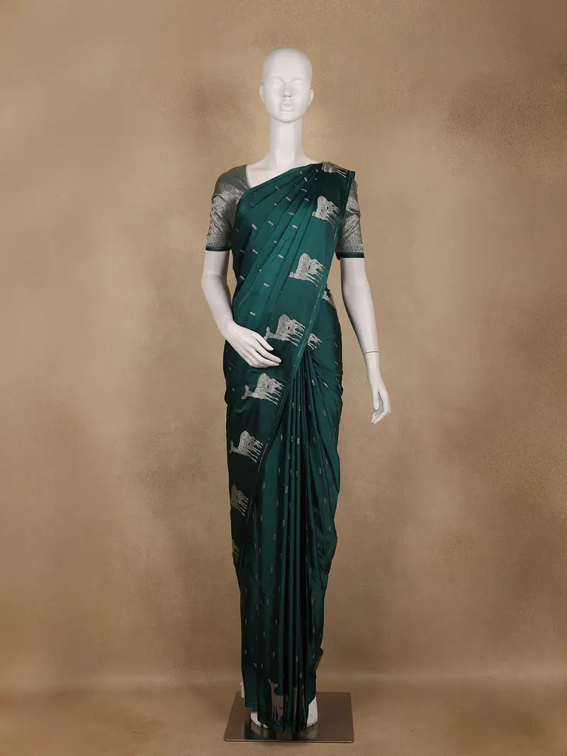 Bottle Green Motif Design Semi Banarasi Silk Saree 1