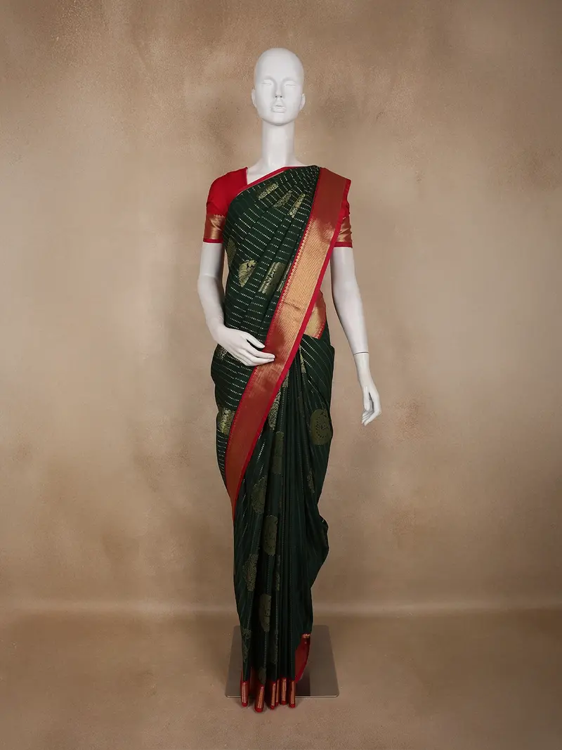 Bottle Green Paisley Butta Woven Design Art Silk Fancy Wear Saree With Contrast Border 1