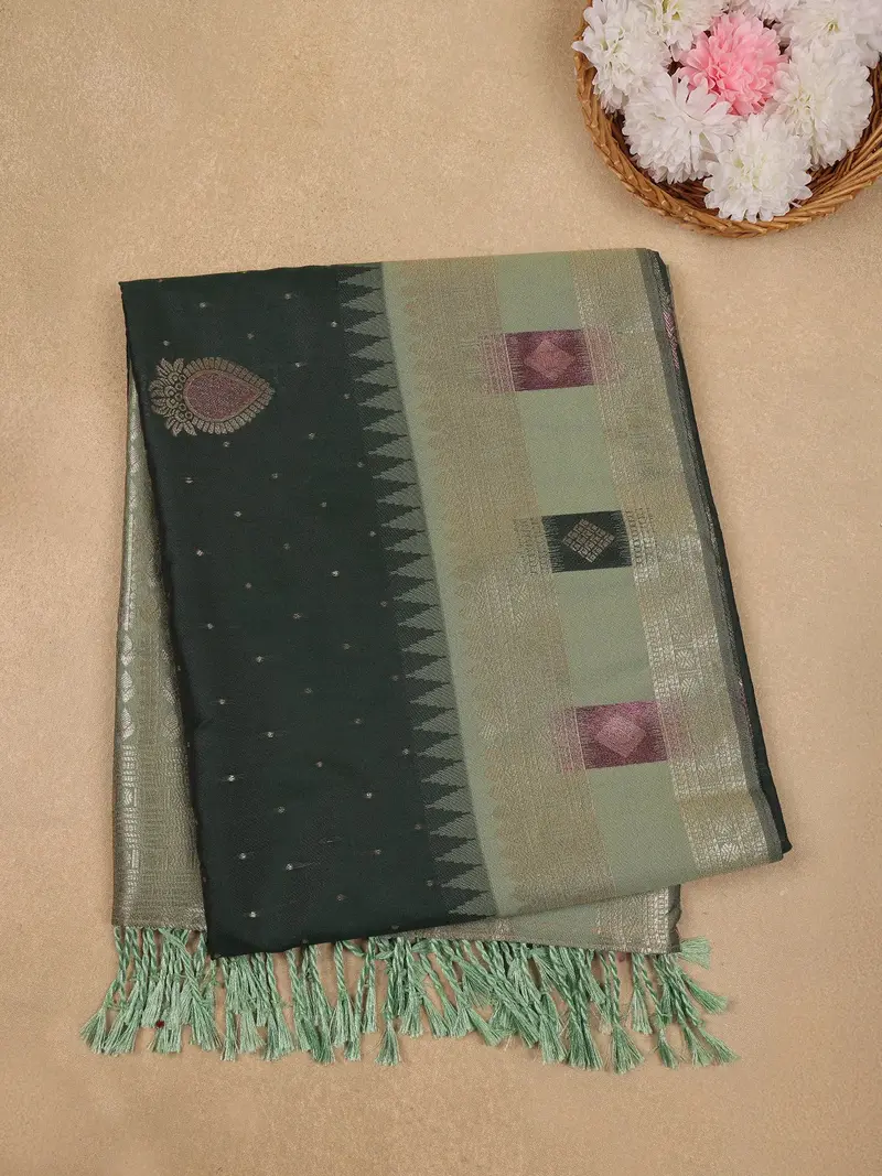 Bottle Green Paisley Design Tissue Saree 1