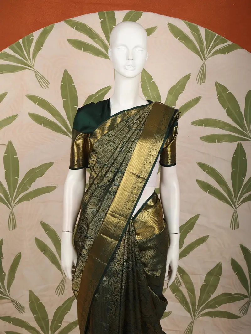Bottle Green Peacock And Checked Zari Woven Design Pure Kanchipuram Silk Saree With Zari Border 2