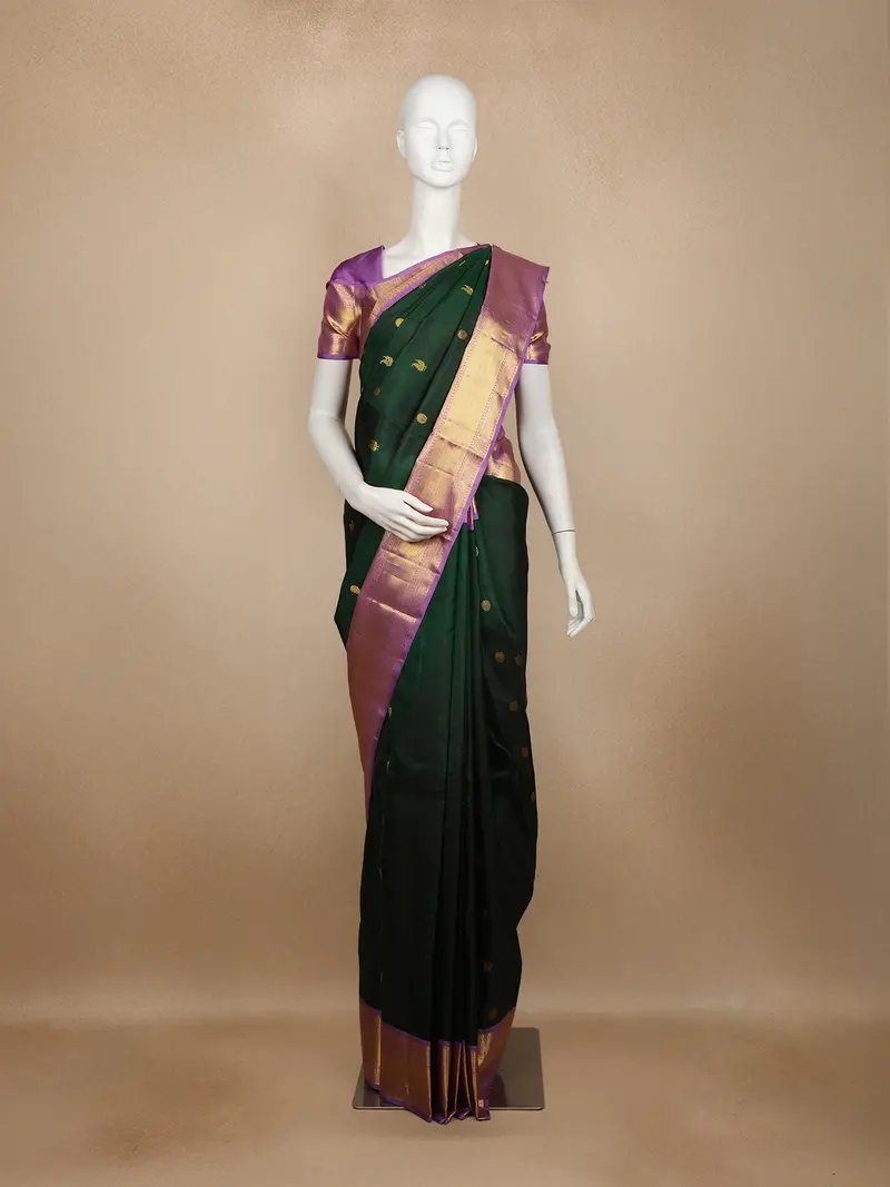 Bottle Green Peacock Butta Woven Pure Kanchipuram Silk Saree With Contrast Purple Zari Border 1